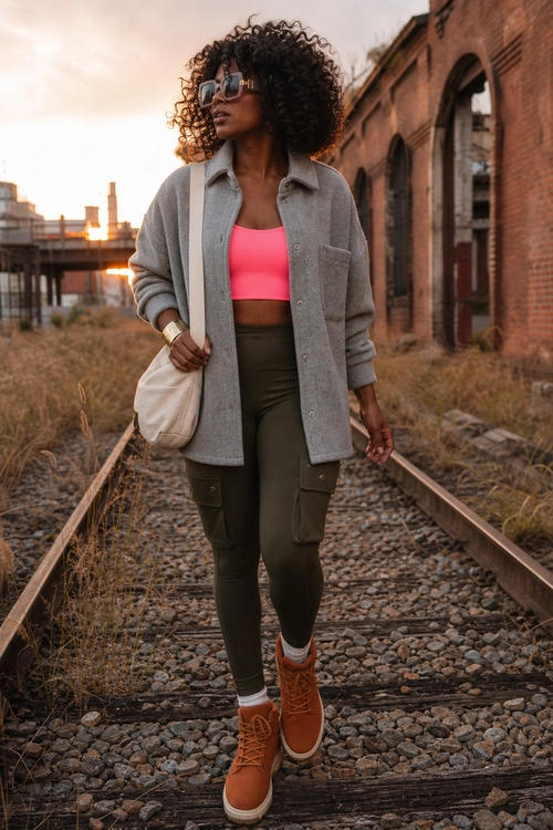 Urban Utility Outfit with Pink Crop Top A layered urban outfit featuring a gray overshirt, bright pink crop top, olive cargo pants, tan lace-up boots, sunglasses, and a cream shoulder bag.