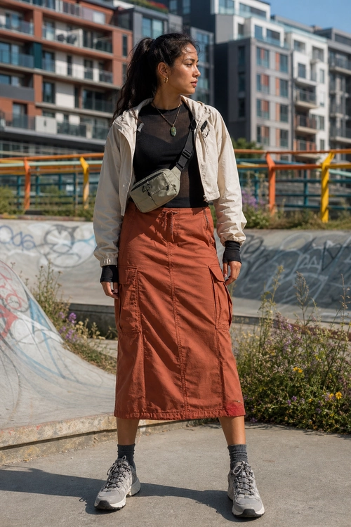 Utility Streetwear with Cargo Midi Skirt A casual streetwear outfit featuring a light beige jacket, black top, rust cargo midi skirt, crossbody bag, and gray sneakers.