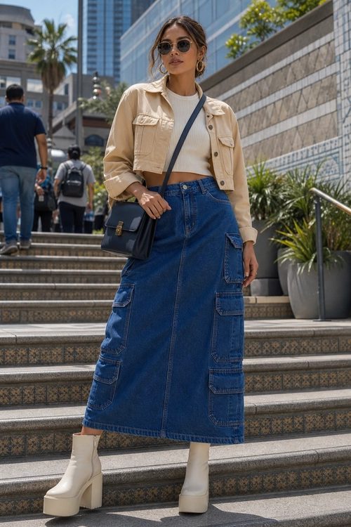 Utility Denim Skirt Outfit A woman wears a beige cropped utility jacket, white knit top, blue denim cargo skirt, white platform ankle boots, sunglasses, and a black crossbody bag.