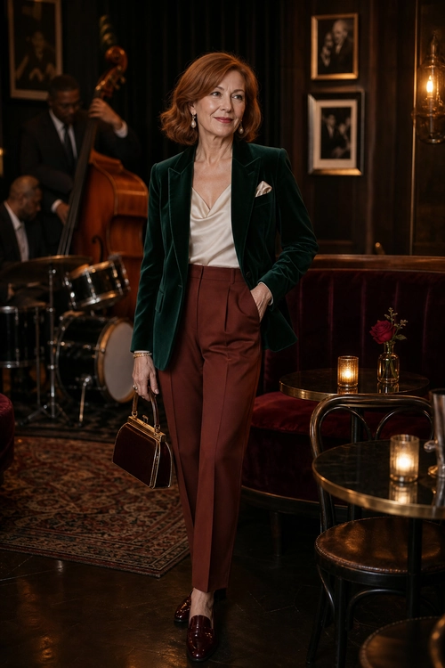 Velvet Blazer Evening Look A woman wears a dark green velvet blazer with a cream draped top, rust trousers, burgundy loafers, and a structured handbag.