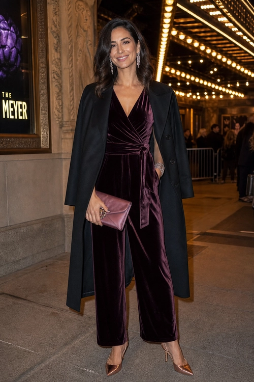 A woman wears a burgundy velvet wrap jumpsuit with a long black coat, mauve clutch, and pointed metallic heels.