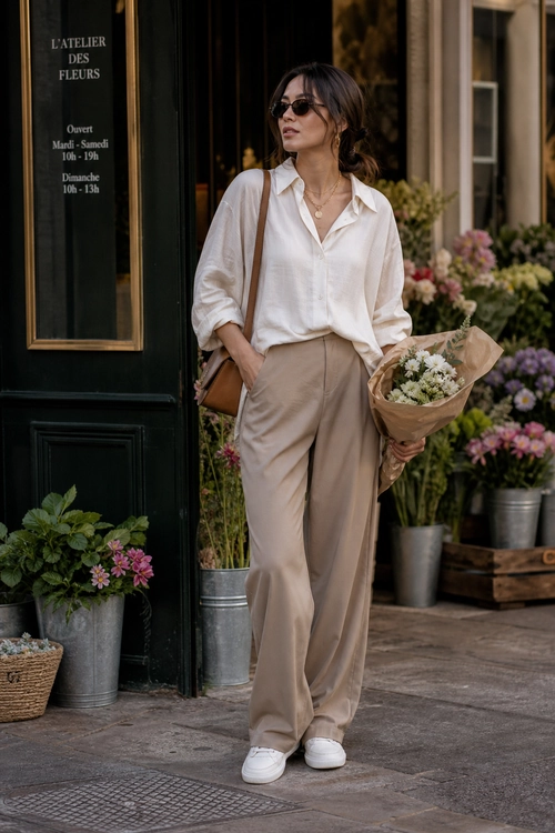 A woman wears a white blouse, beige wide-leg trousers, white sneakers, sunglasses, and a brown shoulder bag while carrying a bouquet of flowers.