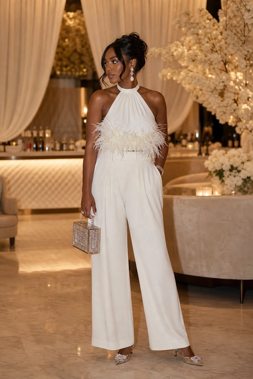 White Feathered Halter Jumpsuit A woman wears a white halter-neck jumpsuit with feather detailing, wide-leg trousers, a metallic box clutch, and embellished pointed heels.