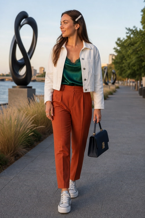 Woman wearing a white cropped jacket, emerald green camisole, rust high-waisted trousers, white sneakers, and carrying a dark structured handbag.