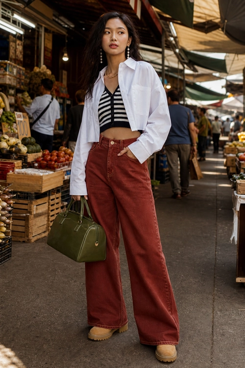White Shirt and Rust Wide-Leg Jeans A woman wears an open white shirt over a black-and-white striped cropped top with rust-red wide-leg jeans, tan platform clogs, and an olive green handbag.