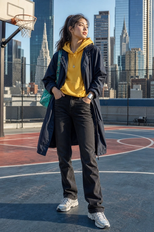 Yellow Hoodie and Long Dark Coat Outfit Person wearing a yellow hoodie, long dark coat, black loose-fit pants, white sneakers, and a teal shoulder bag on an outdoor basketball court.