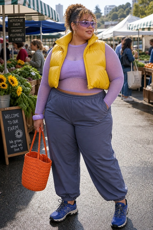 A casual outfit featuring a yellow puffer vest over a lavender long-sleeve top, slate gray jogger pants, blue sneakers, purple sunglasses, and an orange woven tote bag.