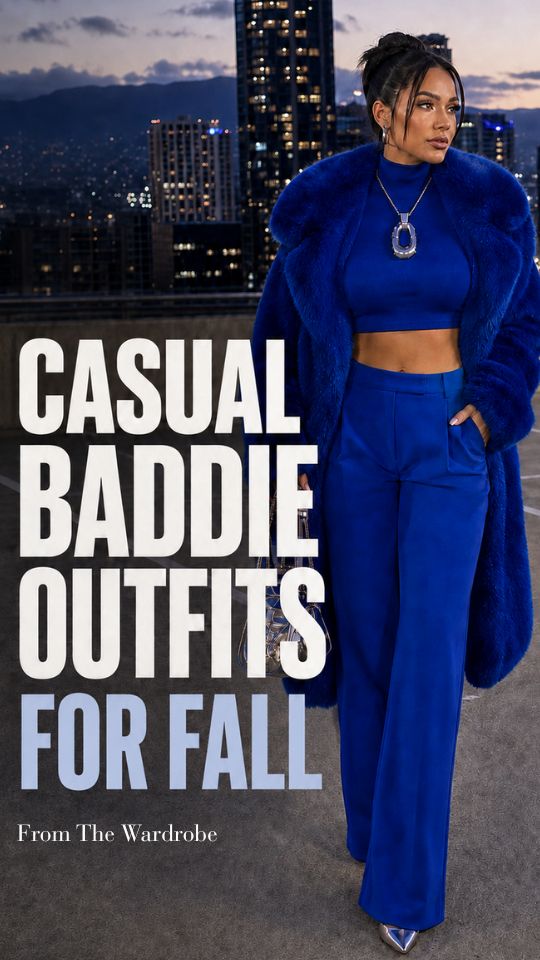 A woman wears a blue top with a blue long coat, pointed heels, and a handbag for a casual fall baddie outfit