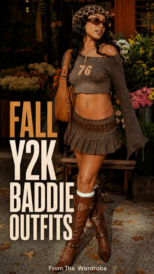 A woman wears a brown top with a brown skirt, boots, and a bag for a cozy fall y2k baddie outfit