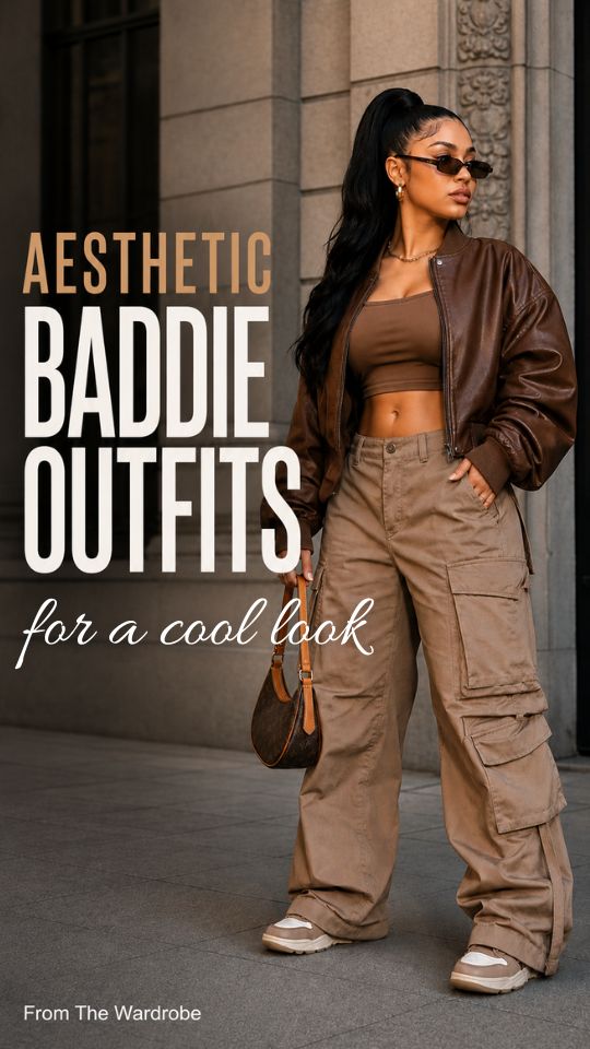 A woman wears a brown top with a dark brown jacket, sneakers, and hoop earrings for an aesthetic baddie outfit