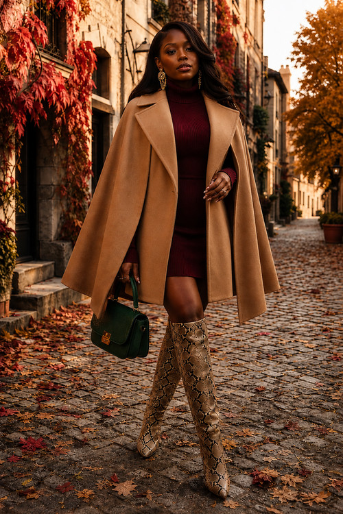 A woman wears a camel cape over a burgundy dress with snakeskin boots