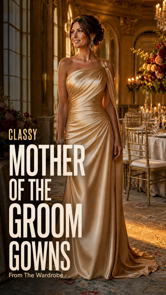A woman wears a champagne satin one-shoulder gown with an asymmetrical draped neckline, gathered waist, earrings, and floor-length train, illustrating classy mother of the groom gowns