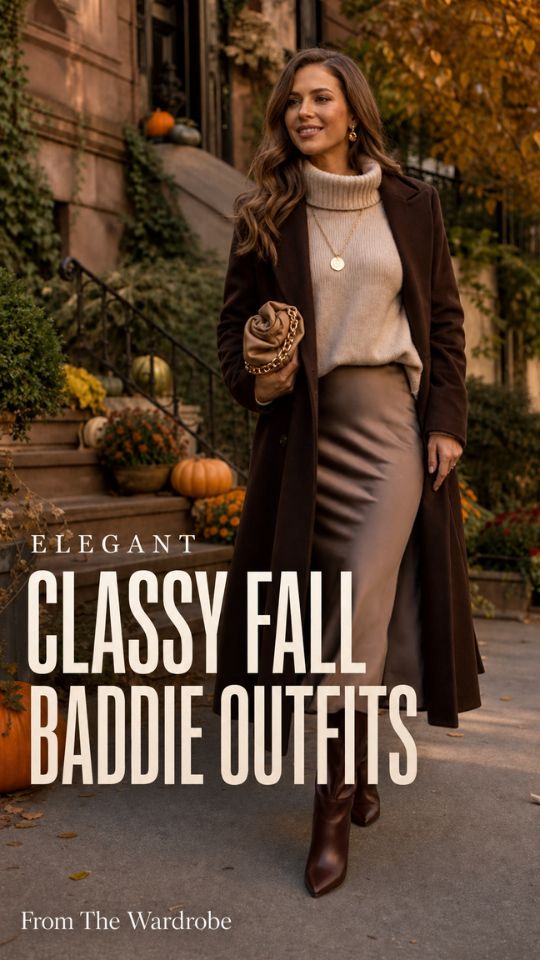 A woman wears a cream sweater, taupe midi skirt, dark brown long coat, knee-high boots, and carries a clutch, illustrating Classy Fall Baddie Outfits