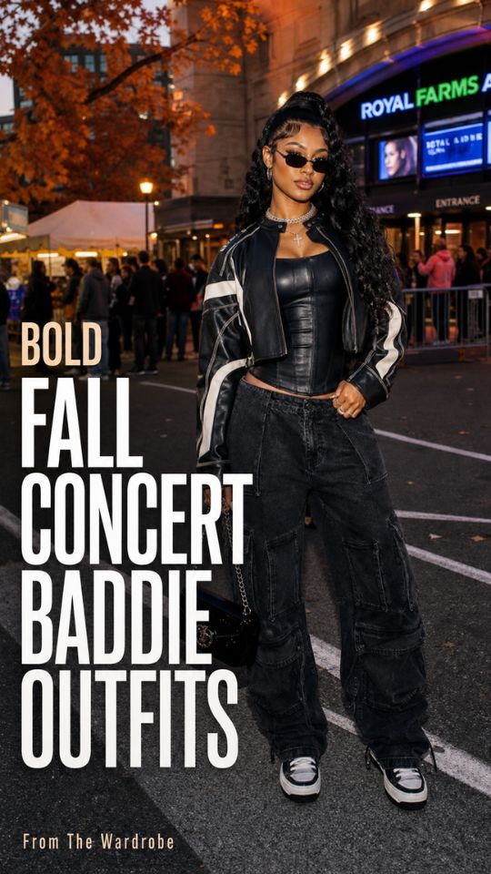A woman wears a cropped black jacket with white stripes, a fitted black top, loose cargo jeans, black-and-white sneakers, sunglasses, and a chain-strap bag in a fall concert baddie outfit