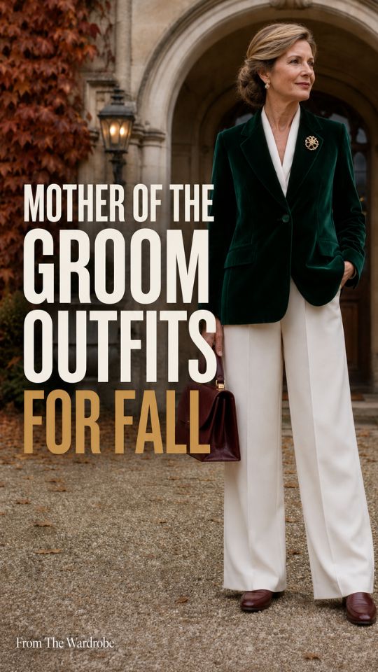 A woman wears a dark green velvet blazer over a ivory blouse with wide-leg trousers, loafers, earrings, and a handbag in a mother of the groom outfit for fall