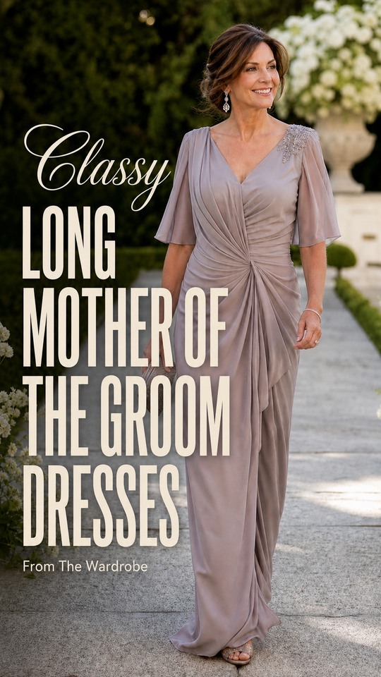 A woman wears a floor-length draped dress with sheer sleeves, open-toe sandals, drop earrings, and a clutch, illustrating classy long mother of the groom dresses