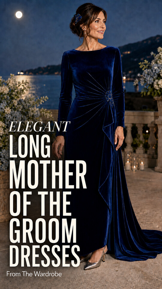 A woman wears a floor-length navy velvet gown with long sleeves, pointed heels, and drop earrings, illustrating Mother of the Groom Long Dresses