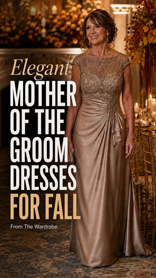 A woman wears a floor-length taupe gown with a beaded bodice, ruched waist, draped skirt, drop earrings, and matching clutch, illustrating Mother of the Groom Dresses for Fall