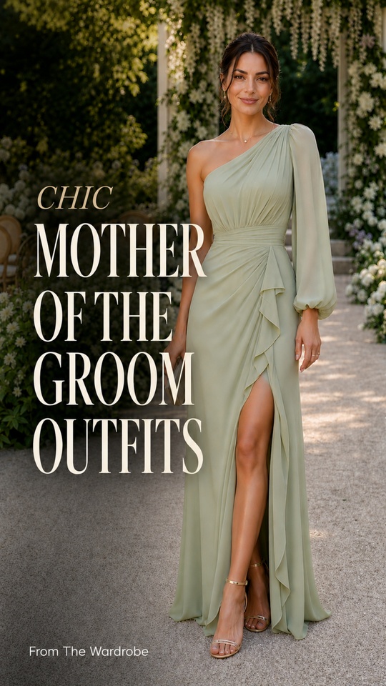 A woman wears a flowing sage green one-shoulder dress with a long sleeve, draped ruffle detail, beige clutch, drop earrings, and strappy heeled sandals for Mother of the Groom Outfits