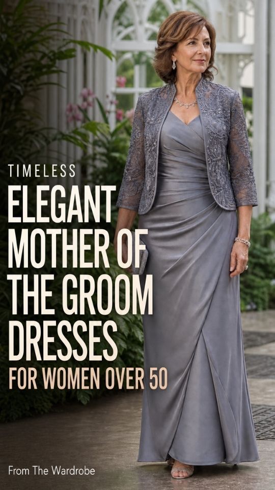 A woman wears a gray floor-length gown with an embroidered lace jacket, drop earrings and open-toe sandals for Elegant Mother of the Groom Dresses for Women Over 50