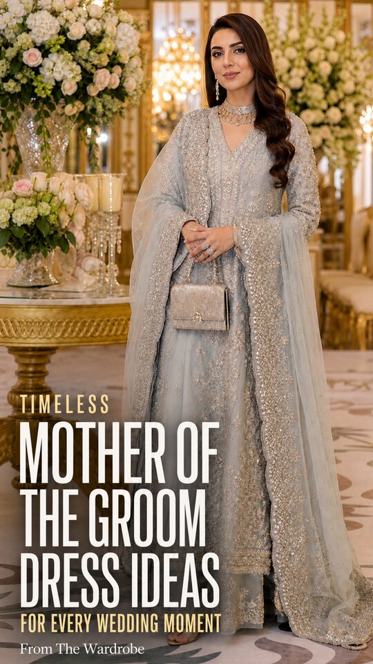 A woman wears a gray gown with a long matching wrap, in a mother of the groom dress