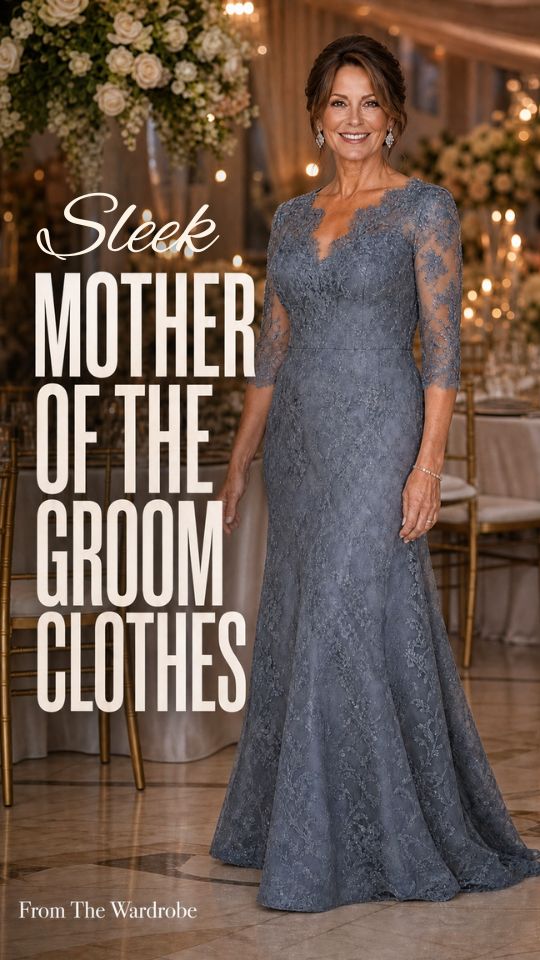 A woman wears a gray lace dress with drop earrings for mother of the groom clothes