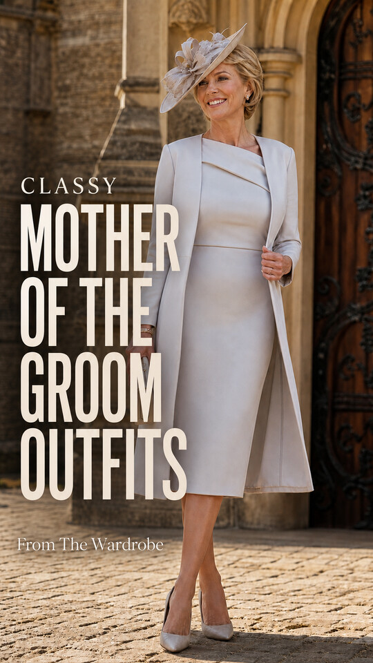 A woman wears a ivory sheath dress with a matching coat, fascinator, clutch, drop earrings, and pointed-toe pumps, showcasing classy mother of the groom outfits