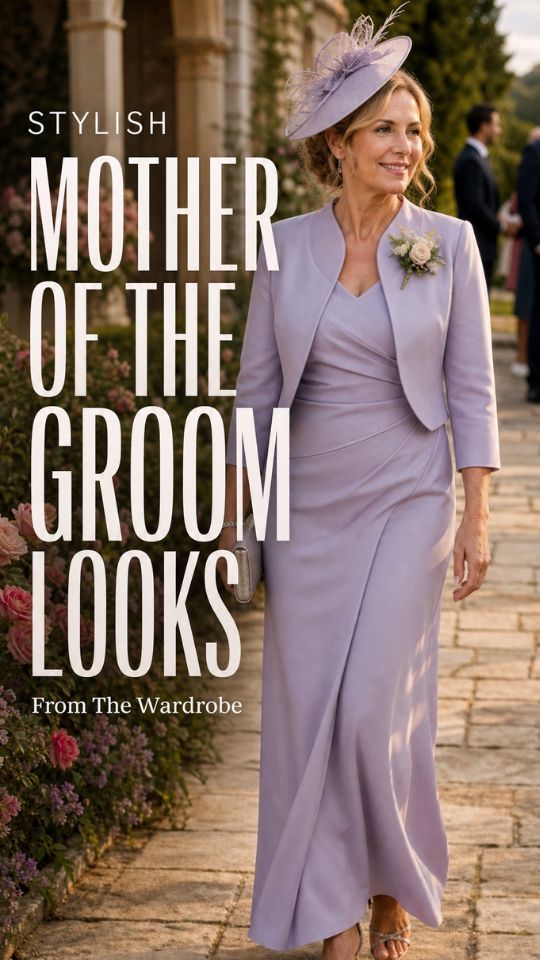 A woman wears a lavender dress, cropped jacket, fascinator, clutch, and strappy sandals, illustrating modern mother of the groom look
