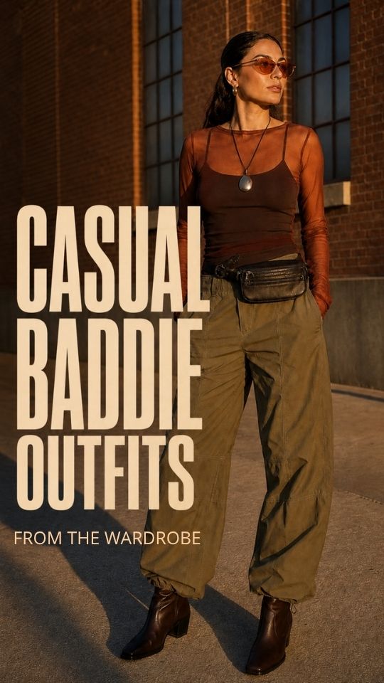 A woman wears a mesh top, brown cami and trousers, black boots, in a casual baddie outfit idea