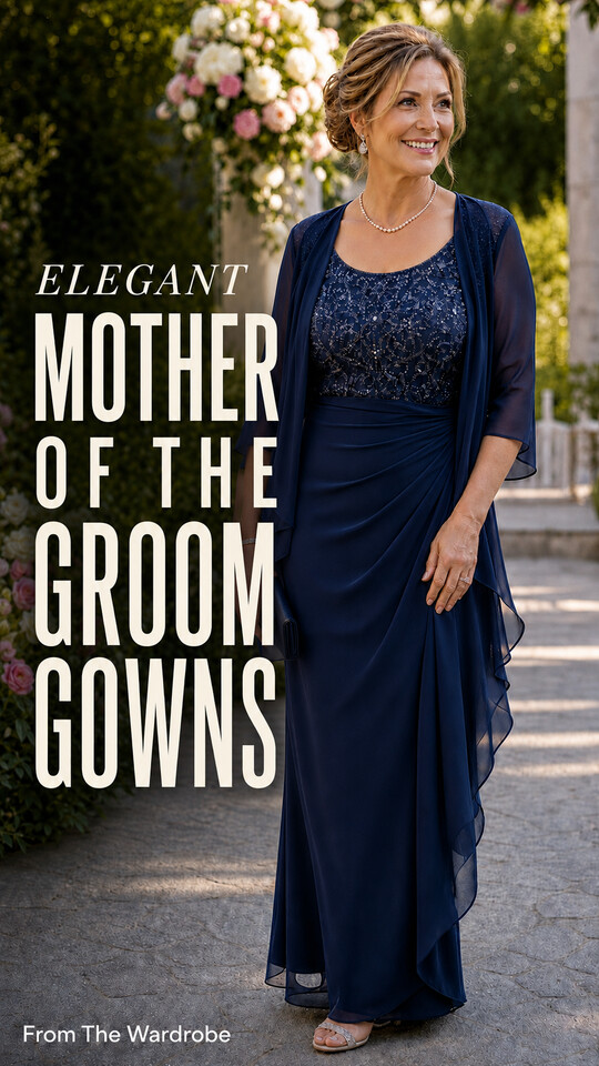 A woman wears a navy gown with drop earrings for mother of the groom gowns