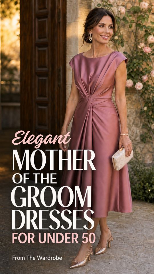 A woman wears a pink dress with pointed shoes and drop earrings for mother of the groom dresses for women under 50