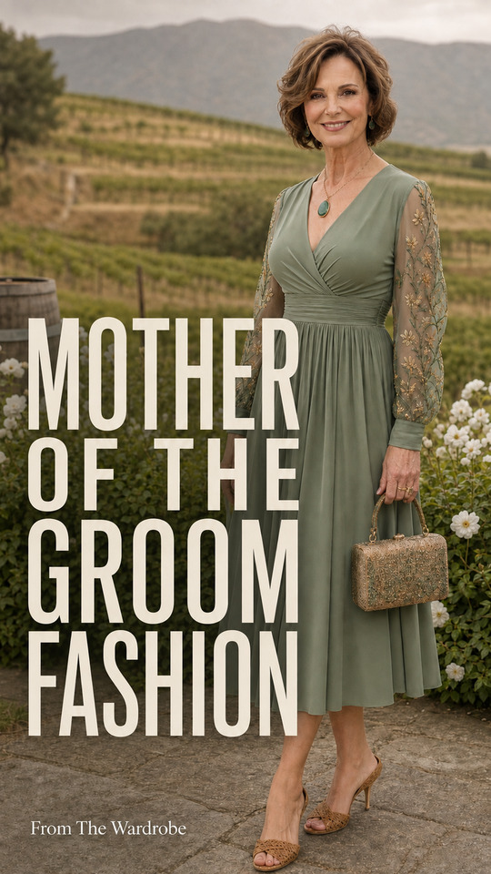 A woman wears a sage green midi dress with embroidered sheer sleeves, a pendant necklace, beaded clutch, and heeled sandals in a flower garden, illustrating Mother of the Groom Fashion