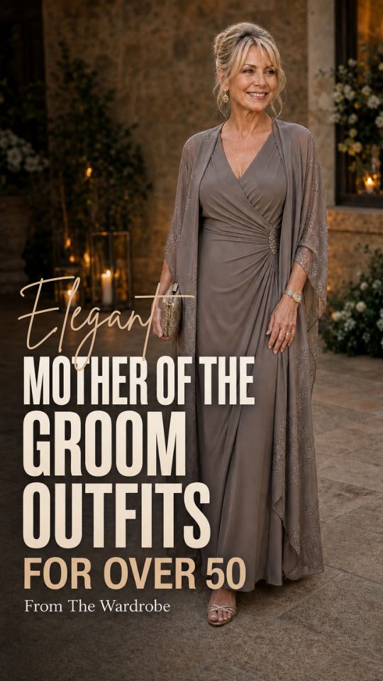 A woman wears a taupe draped floor-length dress with a sheer embellished overlay, strappy sandals in Mother of the Groom outfit for women over 50