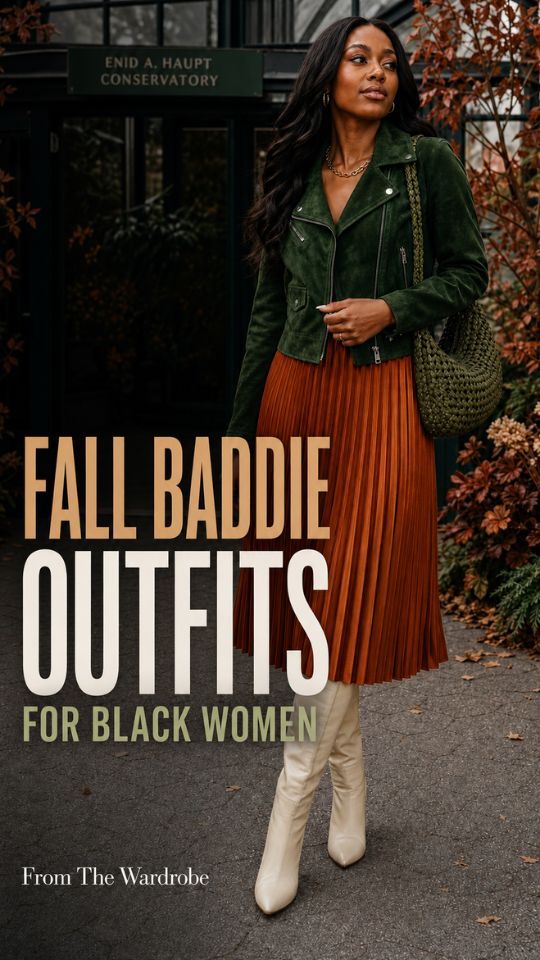 A woman wears an olive green jacket, rust pleated skirt, cream knee-high boots, hoop earrings, and a woven shoulder bag in a look from Fall Baddie Outfits for Black Women