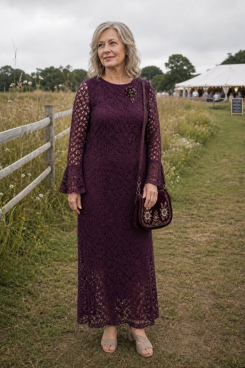 Plum lace dress with floral shoulder bag