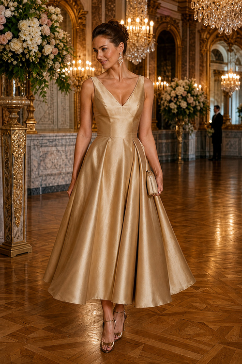 Woman in a gold midi dress at a formal event