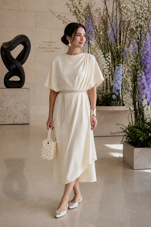 Woman in an ivory draped midi dress