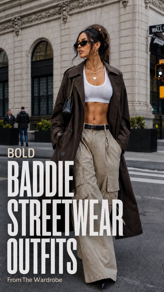 a woman in a baddie streetwear outfit with a cargo pants, a tank top and a coat