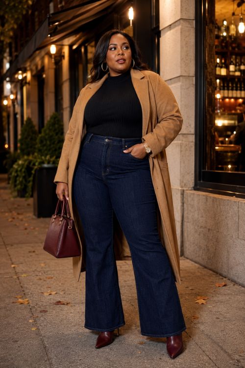 a woman in a black top, wide leg jeans and a camel coat