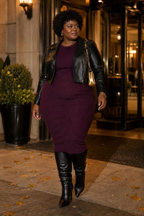 a woman in a burgundy sweater dress, black boots and leather jacket