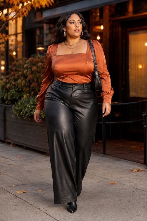 a woman in a rust blouse with black leather pants