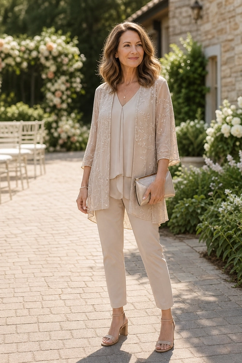 Elegant Beige Layered Outfit Woman wearing a beige embroidered sheer jacket over a draped top with cropped trousers, block-heel sandals, and a clutch.