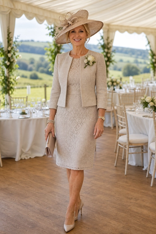 Elegant Beige Wedding Guest Outfit Woman wearing a beige textured knee-length dress with a matching cropped jacket, wide-brim fascinator, floral brooch, clutch, and pointed-toe heels at a formal outdoor reception.