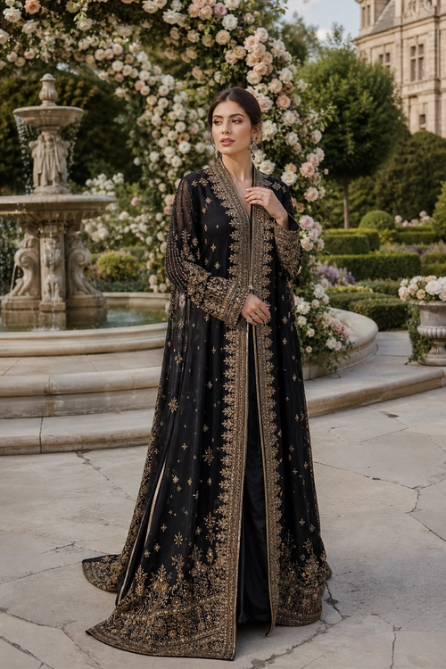 A woman wears a floor-length black dress with ornate gold embroidery and matching draped detailing in a formal garden setting.