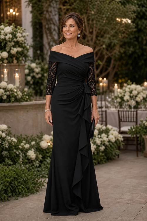 Black Off-Shoulder Lace Gown Woman wearing a black off-shoulder evening gown with lace sleeves, gathered draping, and a flowing ruffled skirt.
