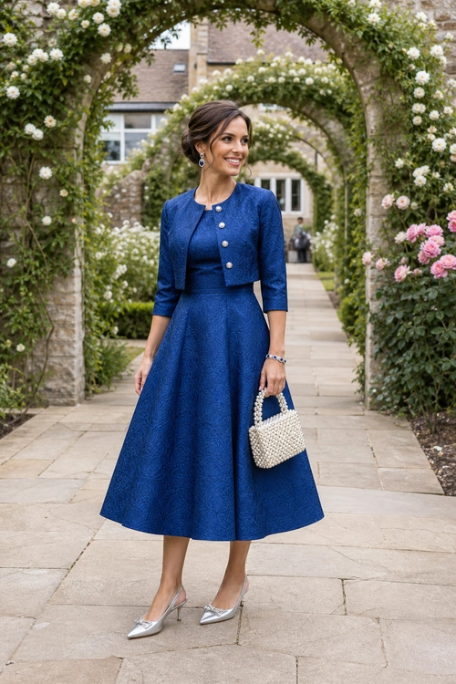 Blue Dress Garden Party Look Woman wearing a blue midi dress with a matching cropped jacket, silver pointed heels, and a beaded handbag in a flower-lined garden.