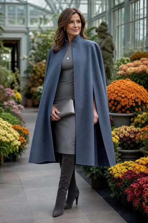 A woman wears a blue-gray cape over a gray dress with over-the-knee boots and carries a metallic clutch in a conservatory filled with flowers.