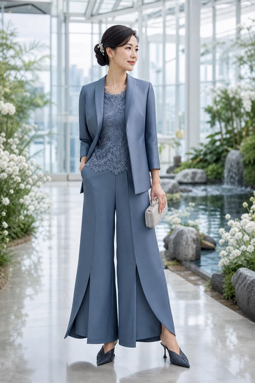 Blue Gray Lace Top Suit Woman wearing a blue-gray tailored blazer, lace top, wide-leg trousers, pointed shoes, and a small textured clutch.