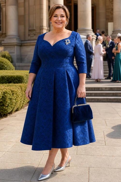 Blue Jacquard Occasion Dress Outfit Woman wearing a royal blue jacquard fit-and-flare dress with a brooch, navy handbag, and silver pointed-toe heels.