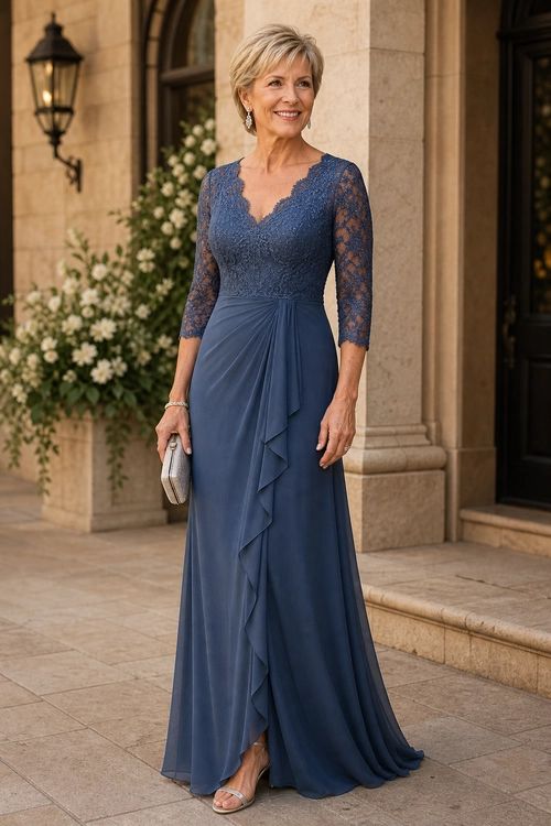 Blue Lace Evening Dress Woman wearing a floor-length blue dress with a lace bodice, three-quarter sleeves, a flowing draped skirt, silver clutch, and metallic sandals.